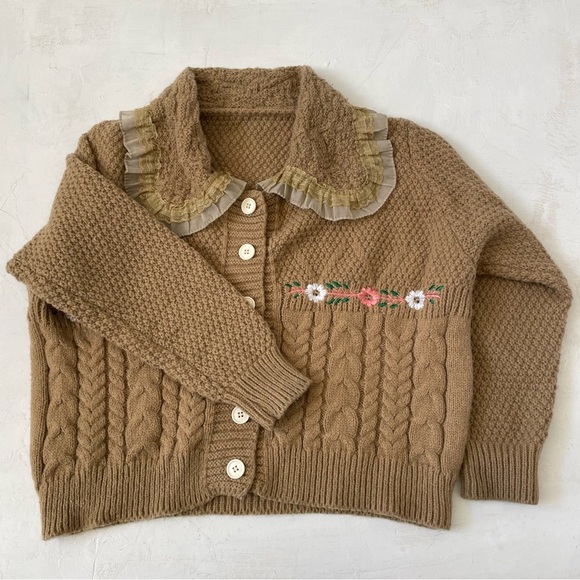 Vintage Sweater Grandma’s Peter Pan Collar Floral Embroidered Tan - Picture 3 of 7